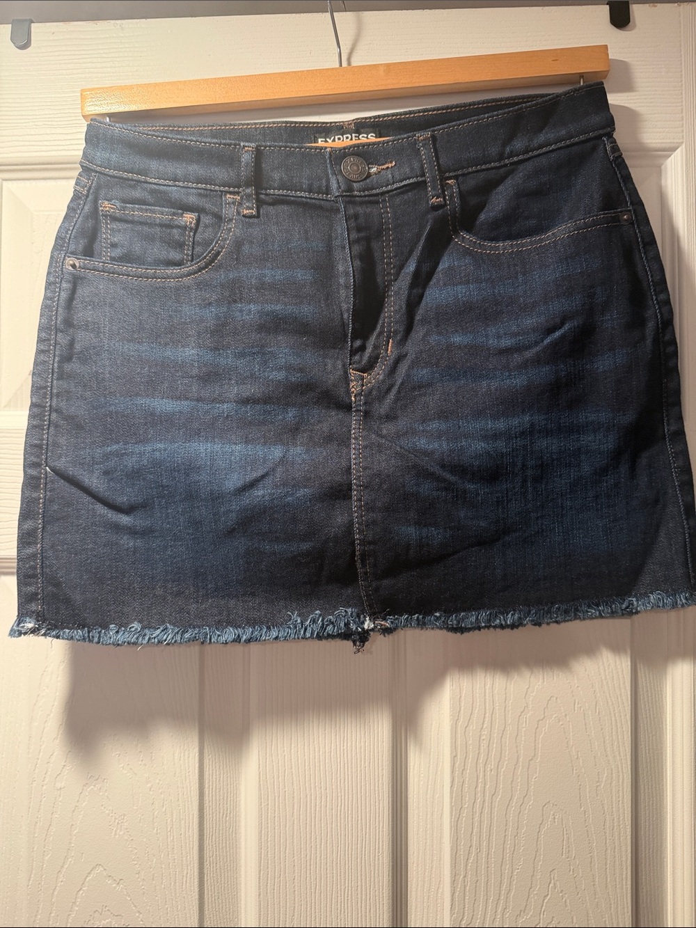Express Dark Blue Denim Mini Skirt with Frayed Hem